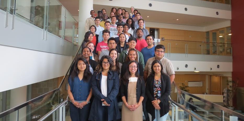 Groups of students standing on staircase